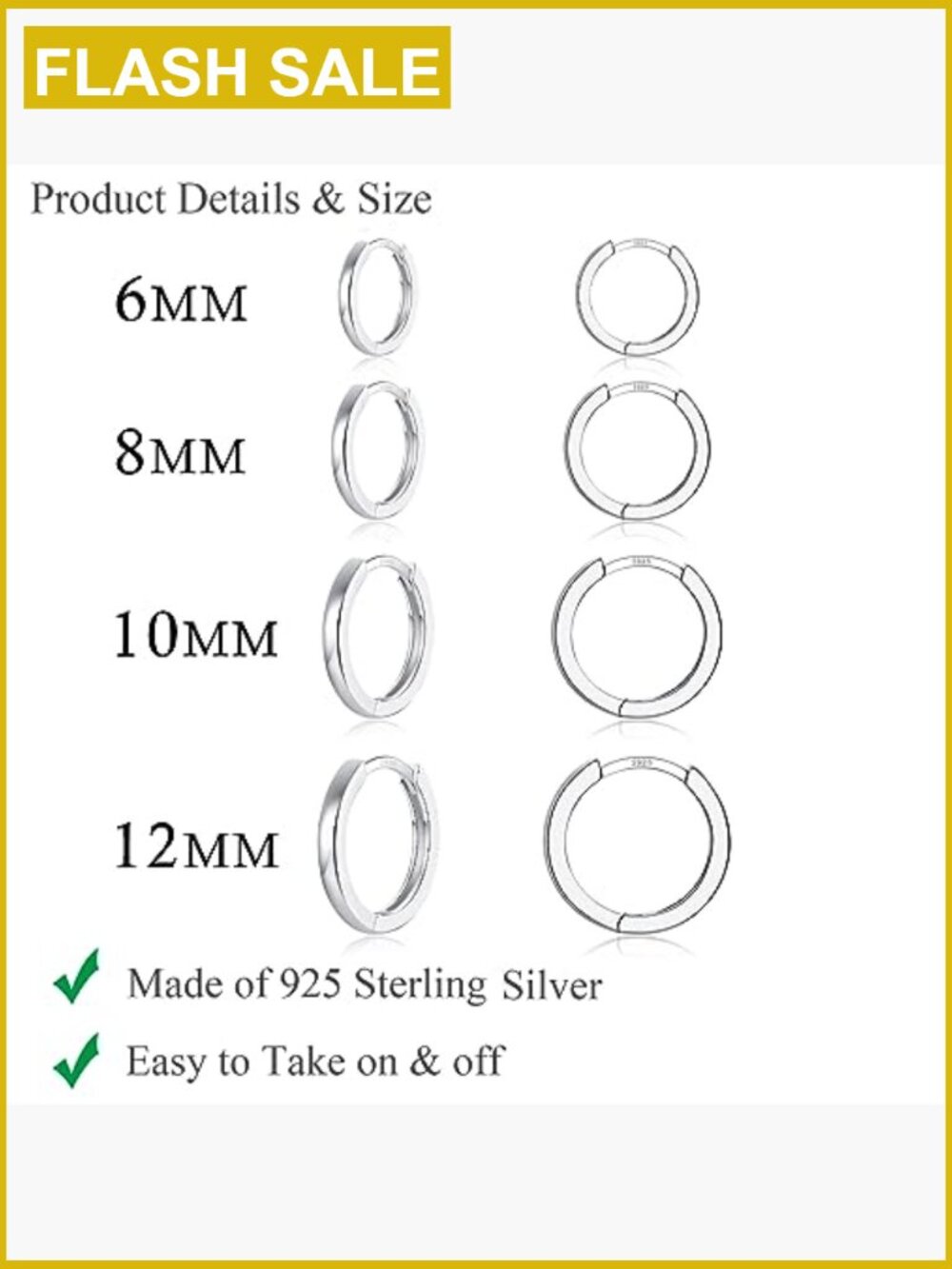 3 Pairs 925 Sterling Silver Huggie Hoop Earrings For Women Men 14k White Gold View 2